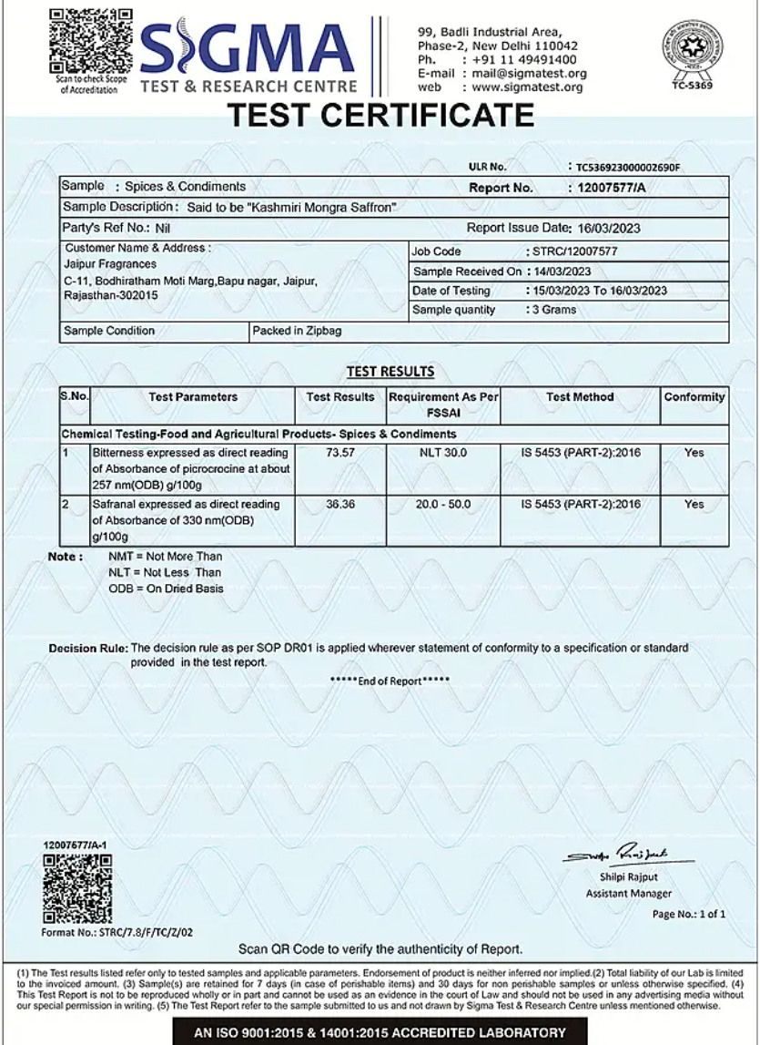 Certified 100% Pure & Natural KASHMIRI Mongra Grade Saffron - 1 GM